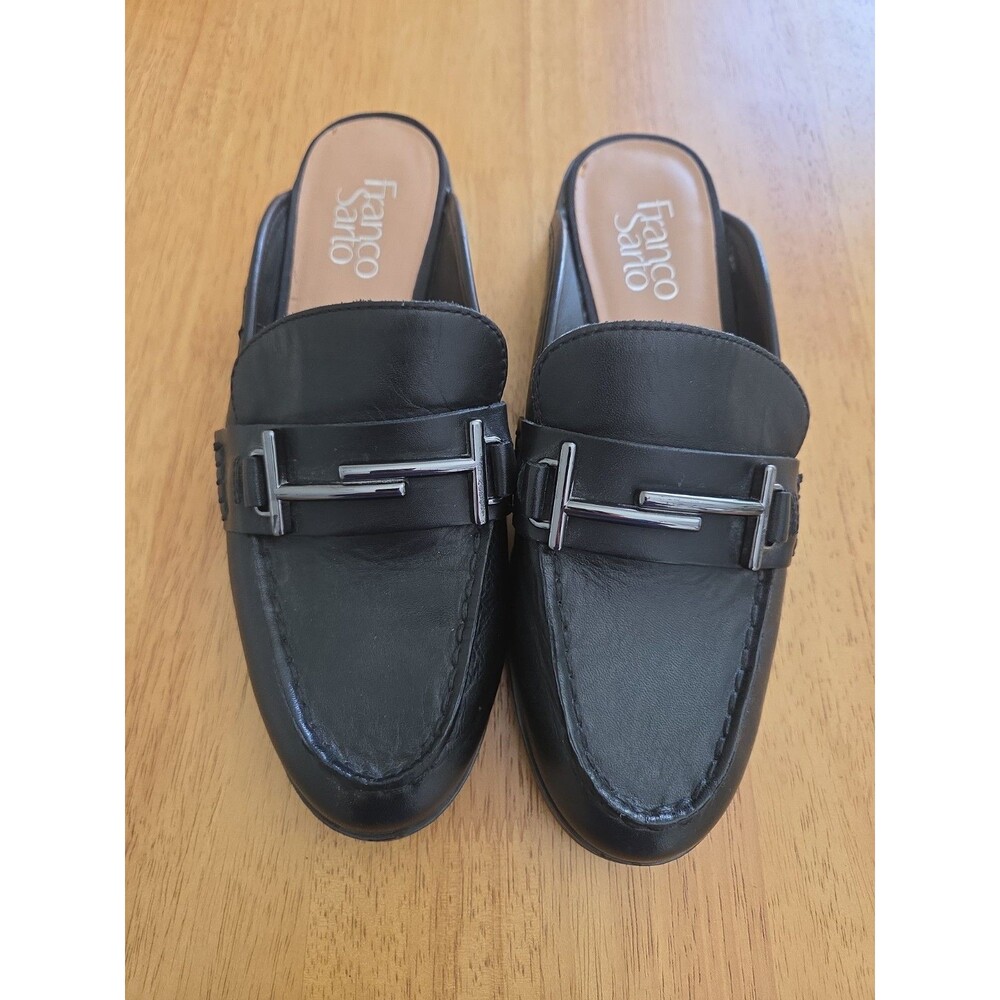Woman’s Franco Sarto Black Leather Mule Loafers, Sz 7